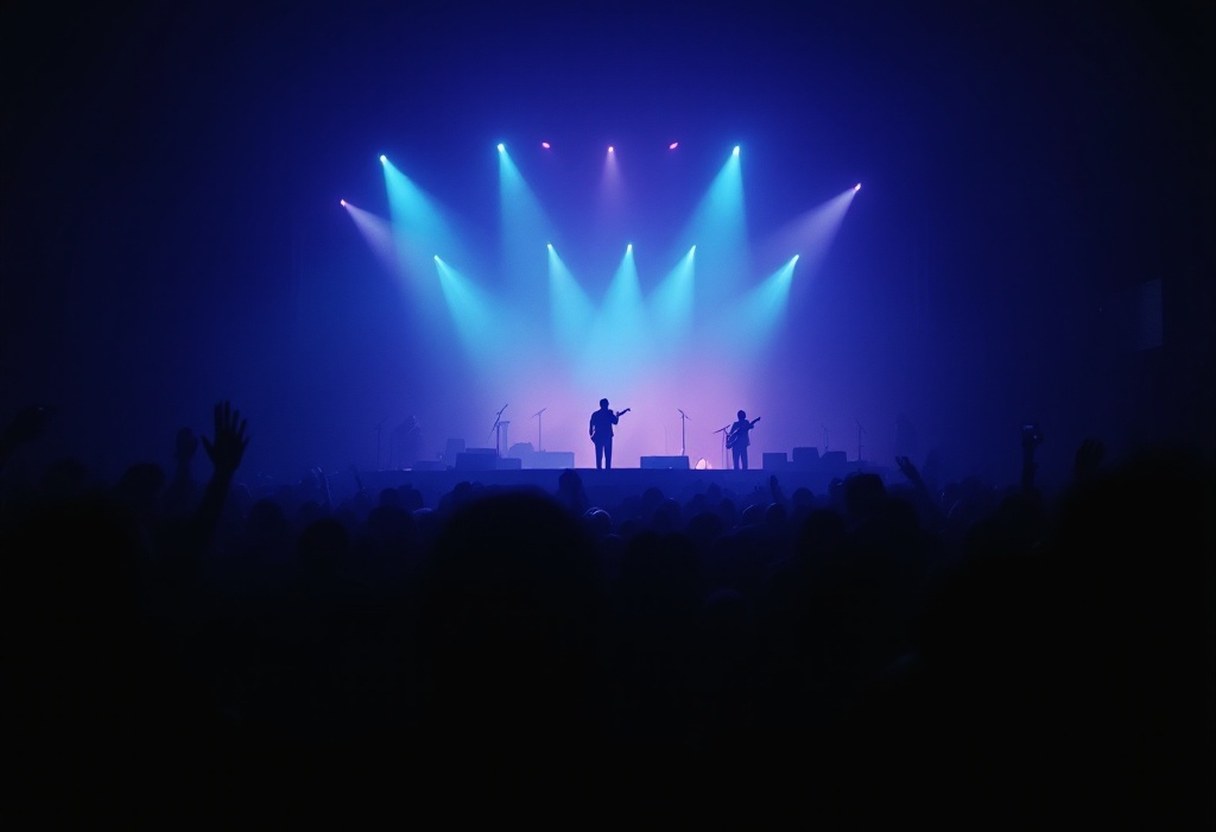 A dimly lit concert stage bathed in blue and violet light, evoking the atmospheric mood of a Blackfield live performance